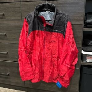 New Columbia, red rain jacket